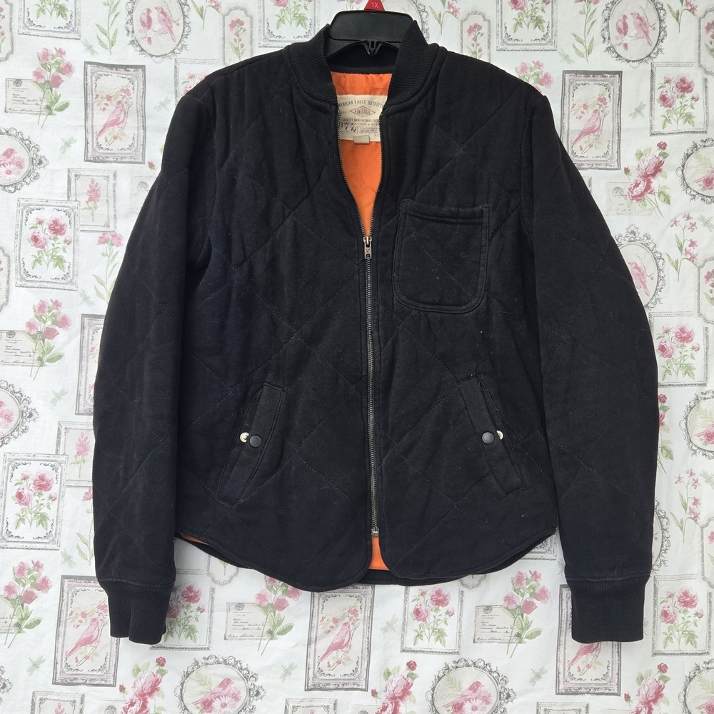 American Eagle Men's Black Quilted Full Zip Bomber Jacket Classic Fit XS‎ Y2K